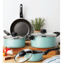 Mainstays 7 Piece Non-Stick Cookware Set Aluminium Mint, Dishwasher Safe